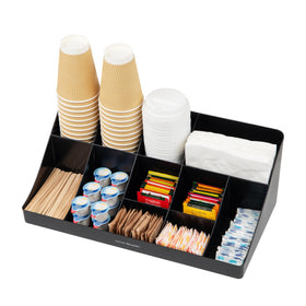 Mind Reader Cup and Condiment Station with stirrers organized in a dedicated compartment