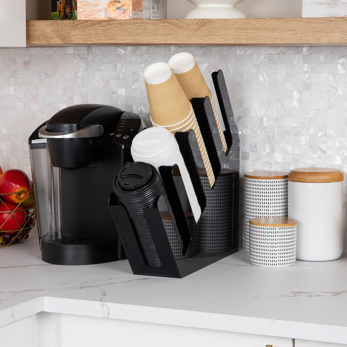 Mind Reader Cup Dispenser angled design enables fast grabbing and simple stacking.