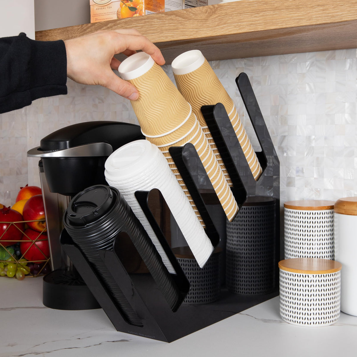 Mind Reader cup and lid storage measures 4 x 18 x 16 inches.