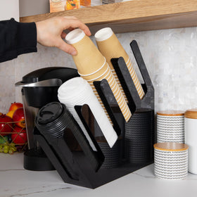 Mind Reader cup and lid storage measures 4 x 18 x 16 inches.