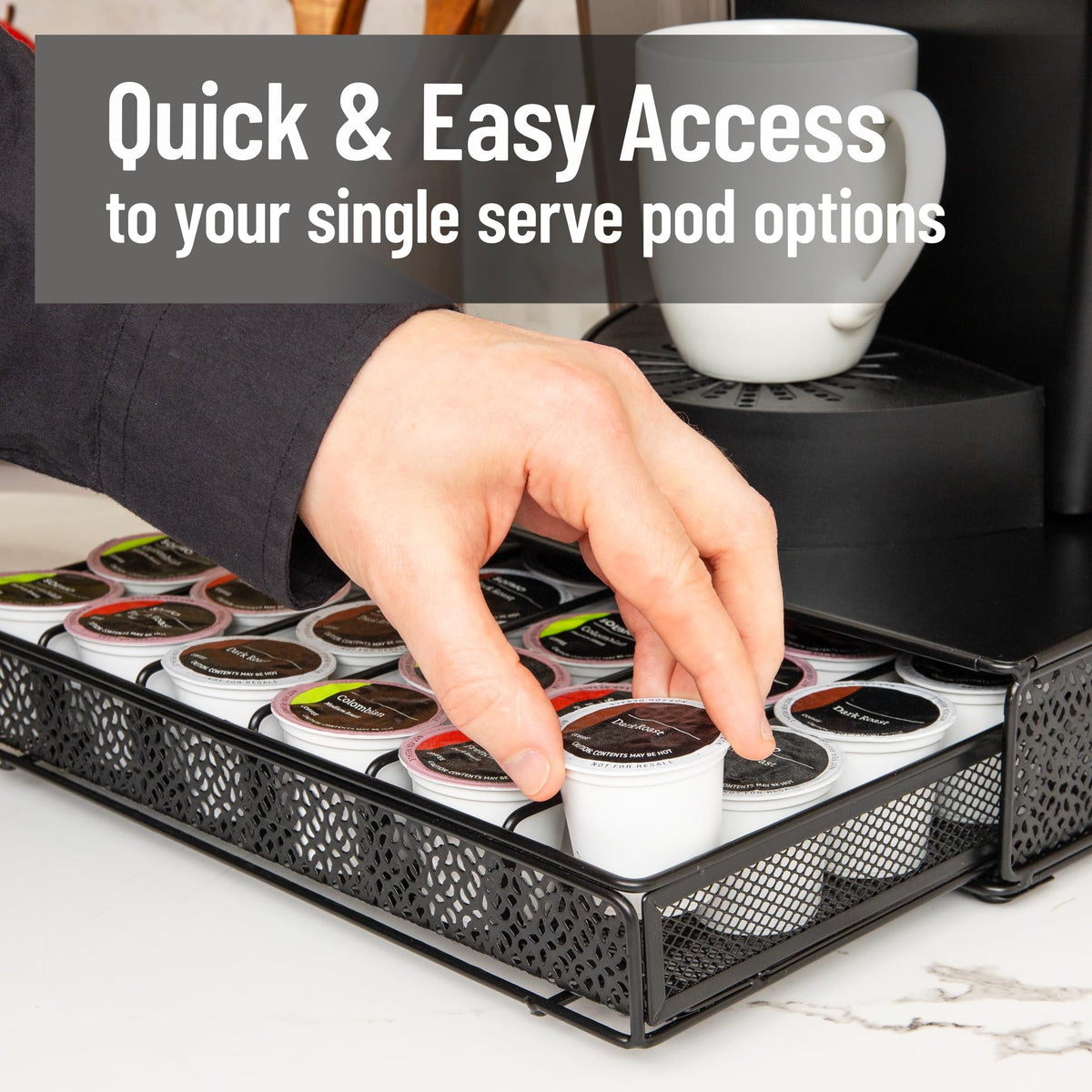 Mind Reader dimensions show 12.75-inch length, 13-inch width, 3-inch height for counter fit