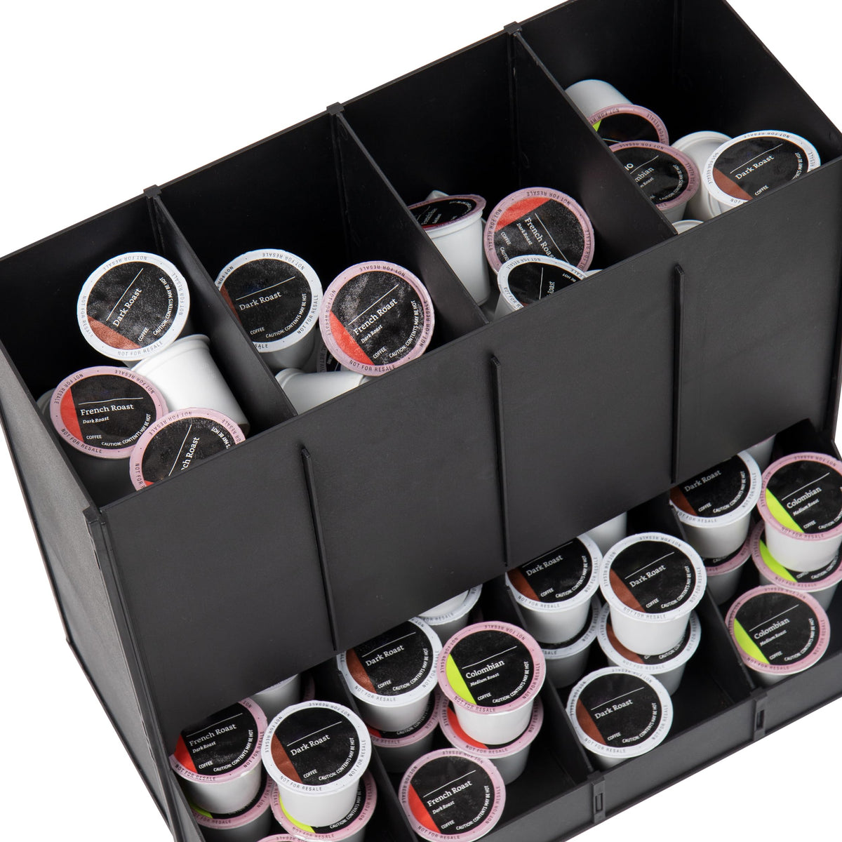 Mind Reader durable plastic coffee pod dispenser emphasizes long-lasting use in busy environments.