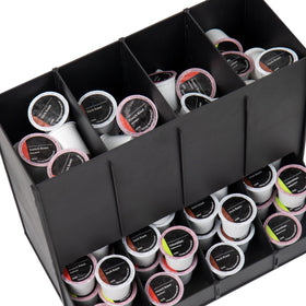Mind Reader durable plastic coffee pod dispenser emphasizes long-lasting use in busy environments.