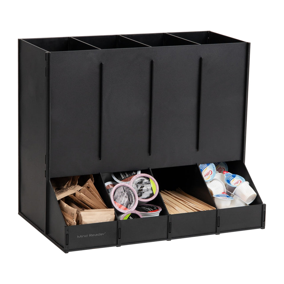 Mind Reader four-compartment coffee pod dispenser top view shows organized breakroom convenience for quick flavor selection.