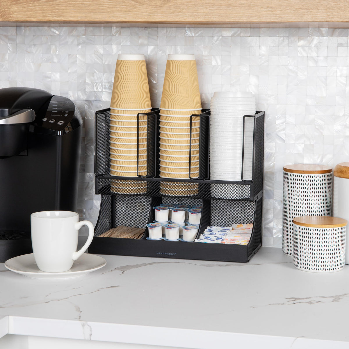 Mind Reader metal mesh breakroom organizer keeps cups and lids neatly arranged