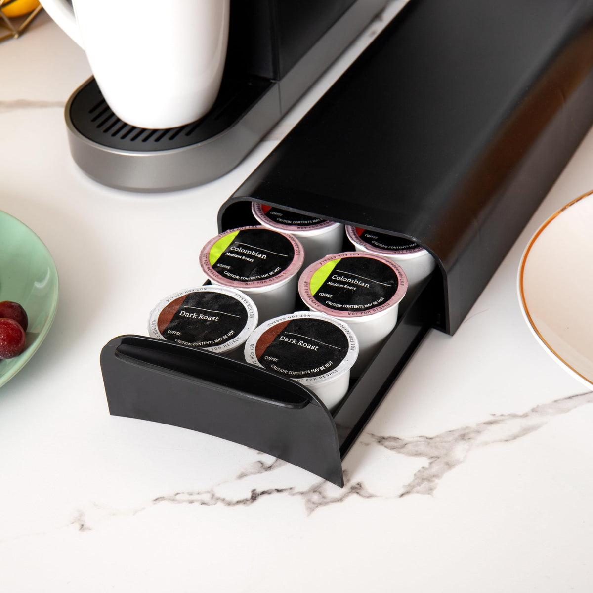 Mind Reader pod drawer side angle highlights sturdy construction and slip-resistant placement.