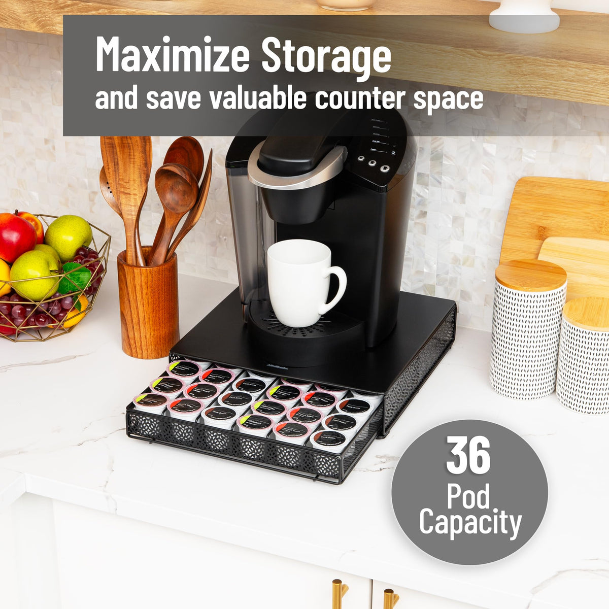 Mind Reader pod drawer top with coffee maker demonstrating space-saving design