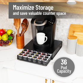 Mind Reader pod drawer top with coffee maker demonstrating space-saving design