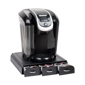 Mind Reader pod organizer with three drawers keeps pods organized for quick coffee.