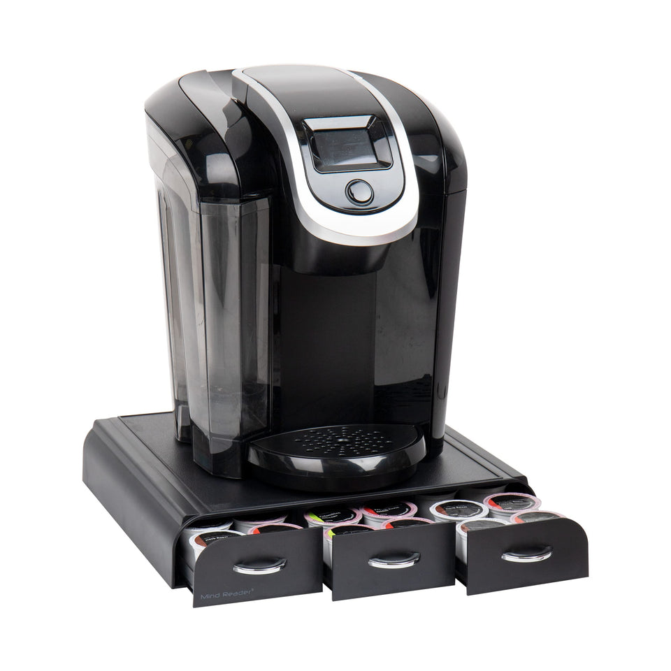 Mind Reader pod organizer with three drawers keeps pods organized for quick coffee.