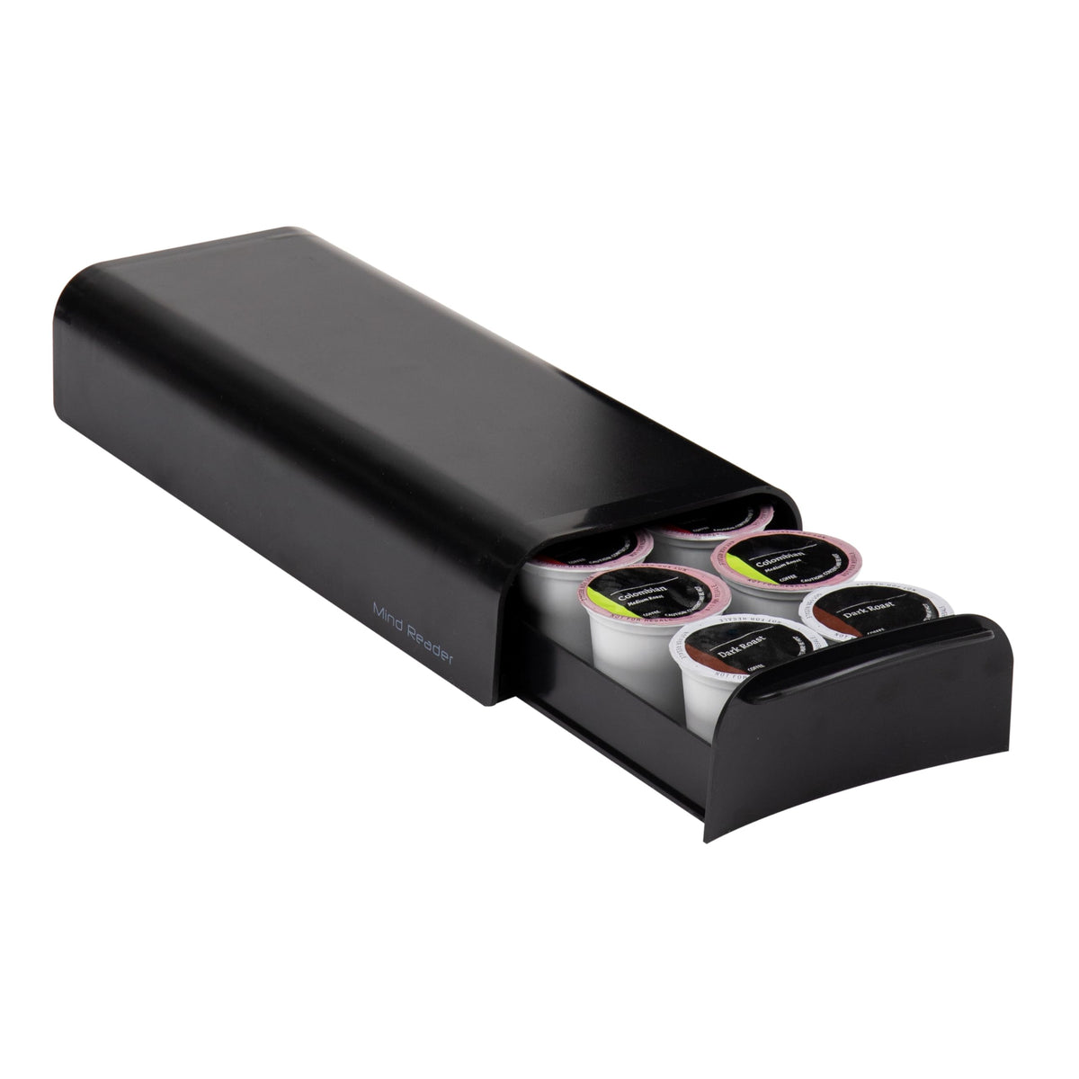 Mind Reader single-serve pod drawer front view highlighting space-saving design for tidy countertops.