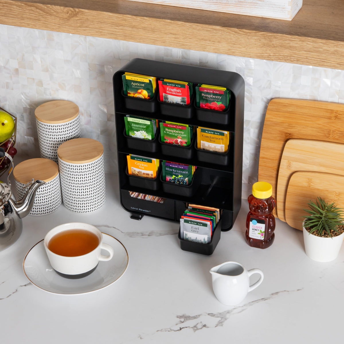 Mind Reader tea bag organizer bottom drawers displays space for sweeteners and stirrers