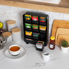 Mind Reader tea bag organizer bottom drawers displays space for sweeteners and stirrers