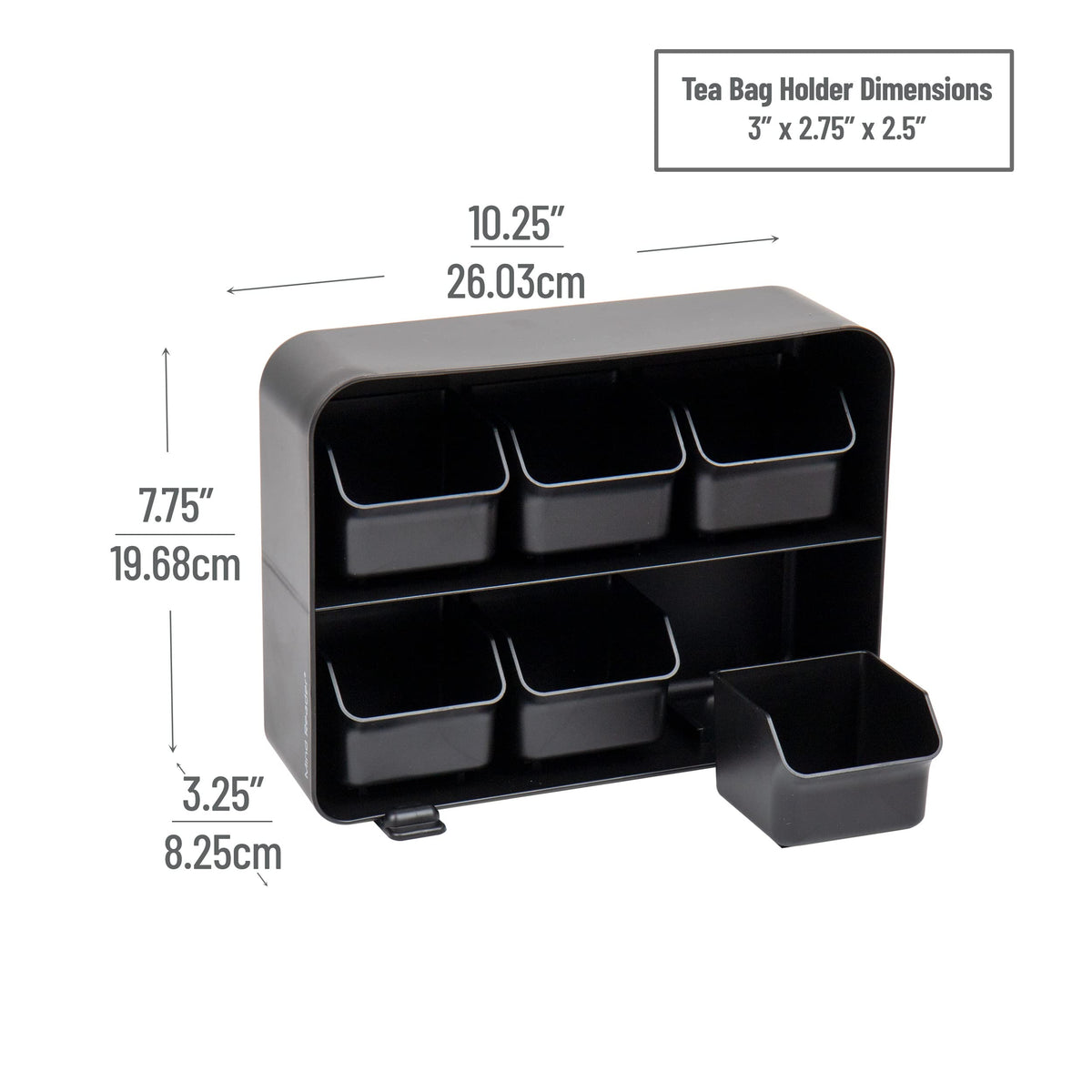 Mind Reader tea bag organizer on countertop keeps surfaces tidy and accessible.