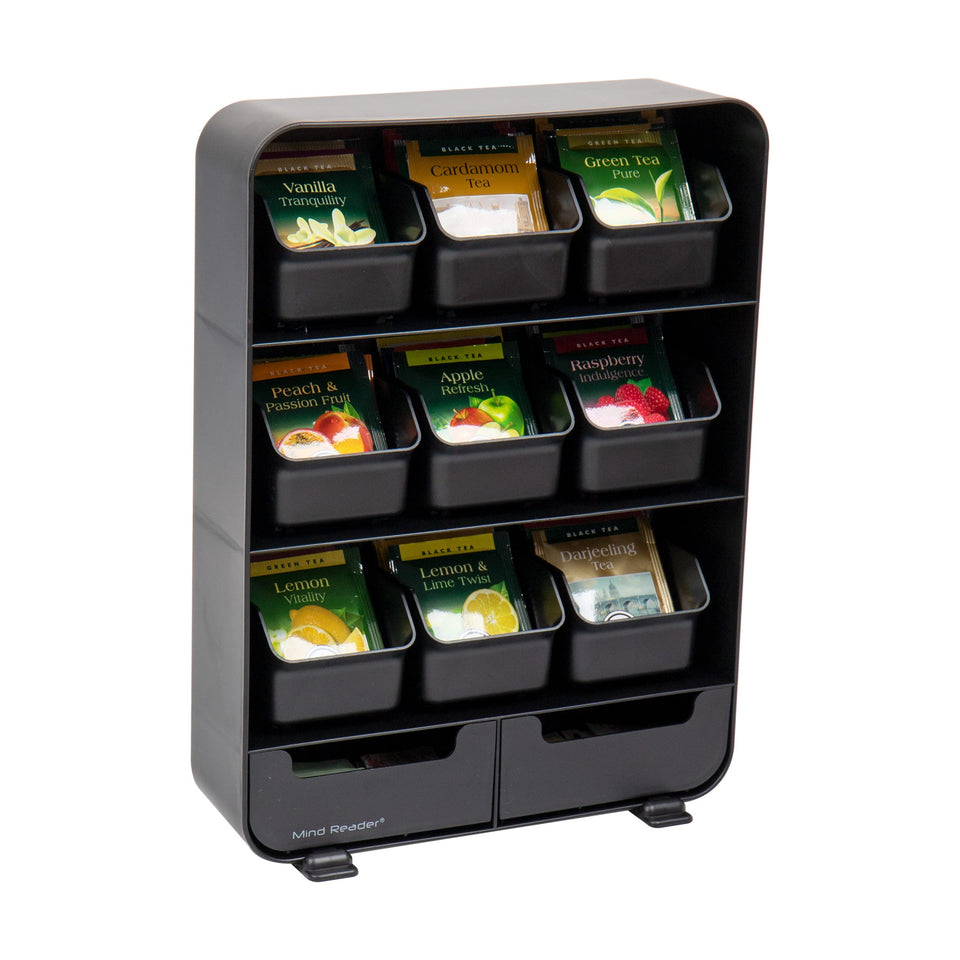 Mind Reader tea bag organizer front view showing 11-drawer design for easy tea access