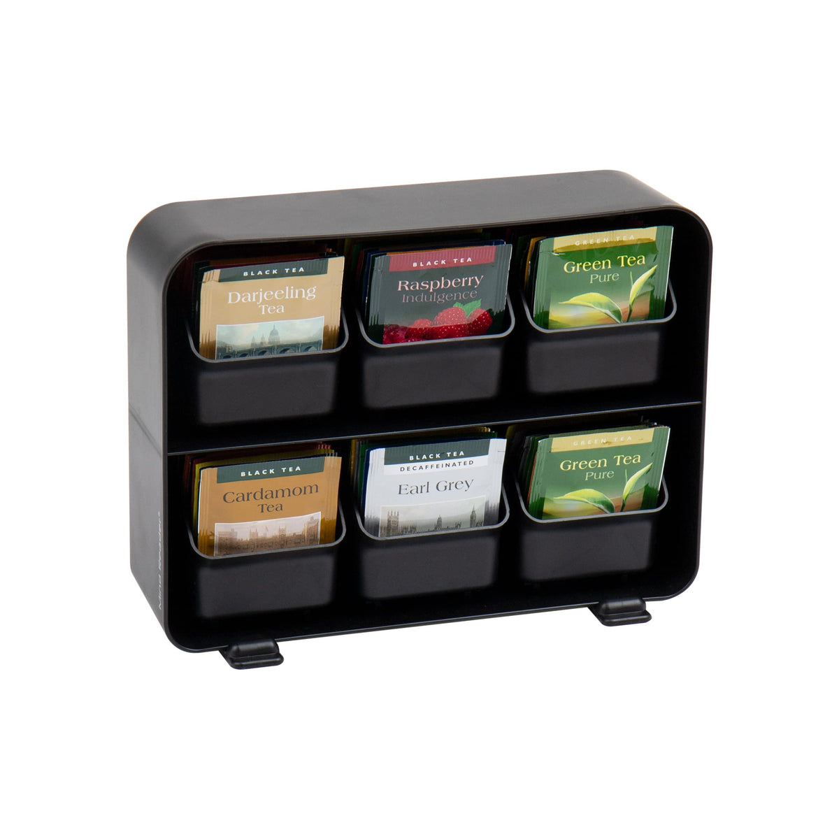 Mind Reader tea bag organizer front view, quick-access flavor options.
