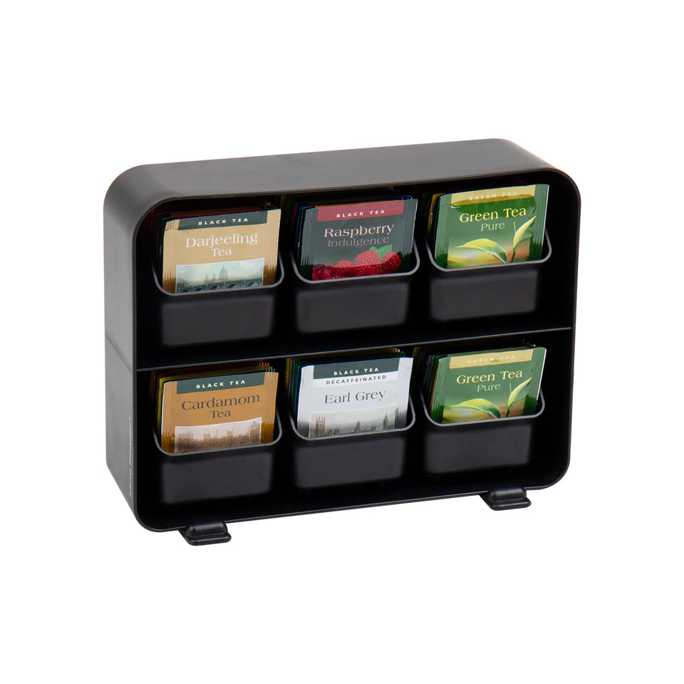 Mind Reader tea bag organizer front view, quick-access flavor options.