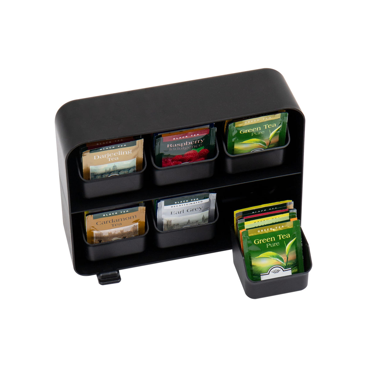 Mind Reader six-drawer organizer demonstrating versatile storage for drinks and condiments.