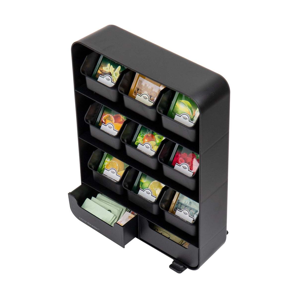 Mind Reader tea bag organizer with items showcases storage for flavors and accessories