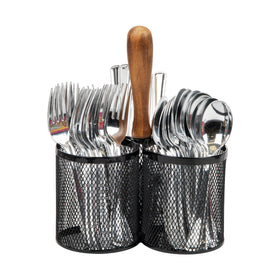 Mind Reader utensil holder with central wooden handle for easy transport.