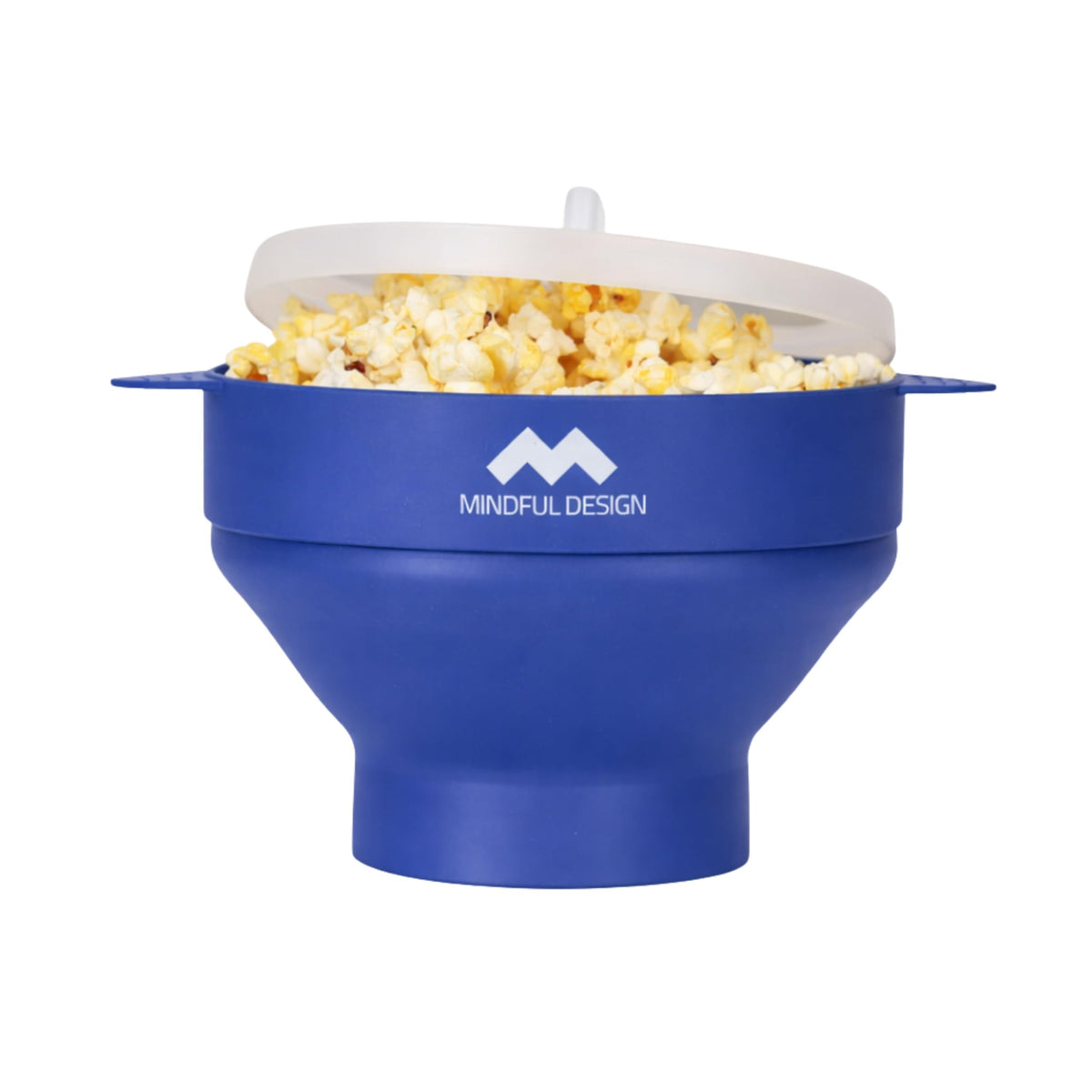 Mindful Design collapsible popcorn popper in blue bowl ready for quick movie-night snacking