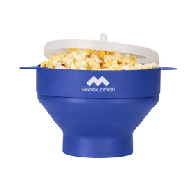 Mindful Design collapsible popcorn popper in blue bowl ready for quick movie-night snacking