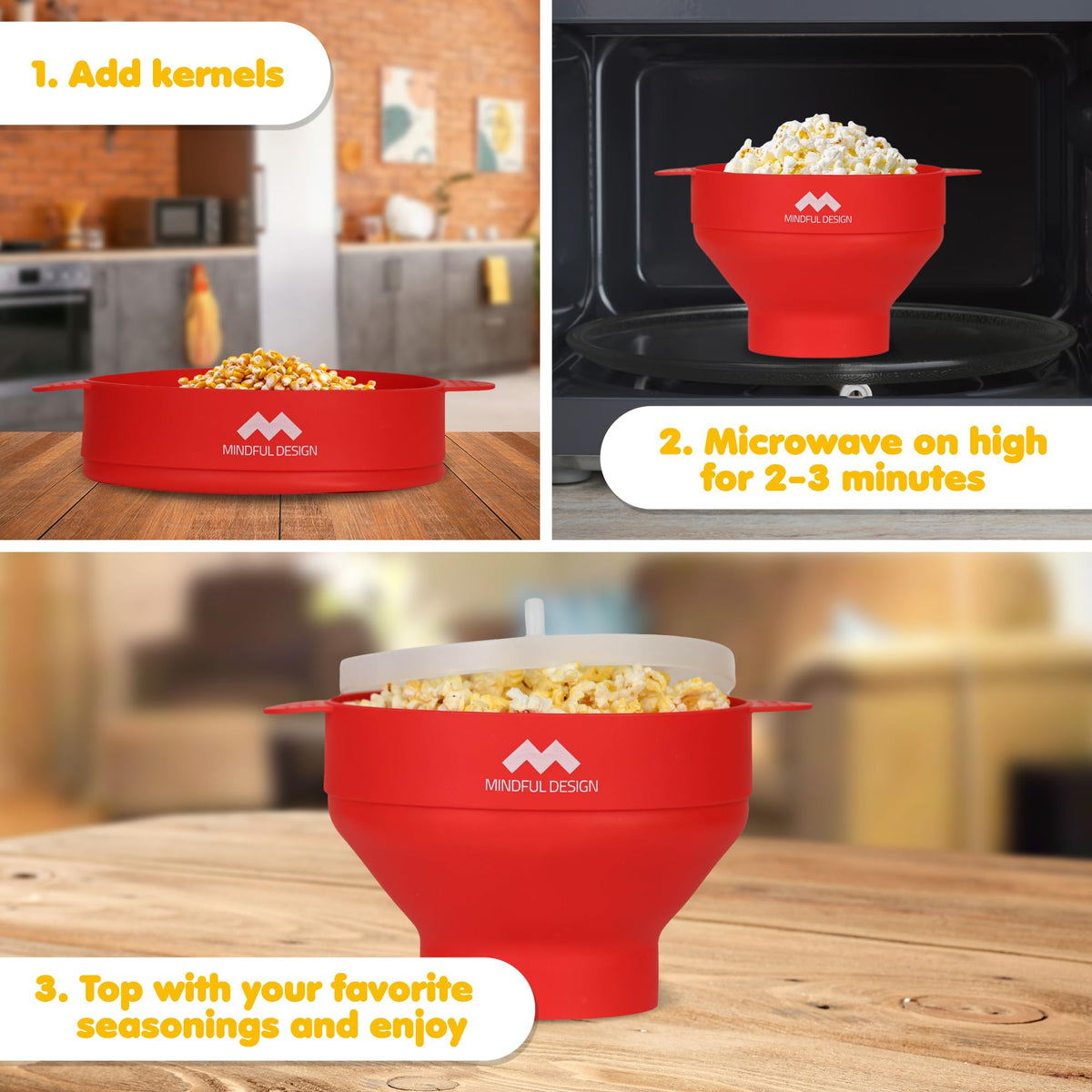 Mindful Design dishwasher-safe silicone popper for effortless cleanup after movie night.
