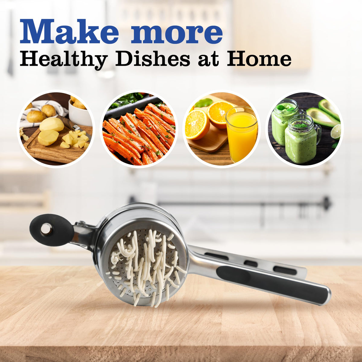 Kitchen-ready Mindful Design press and mash tool in use