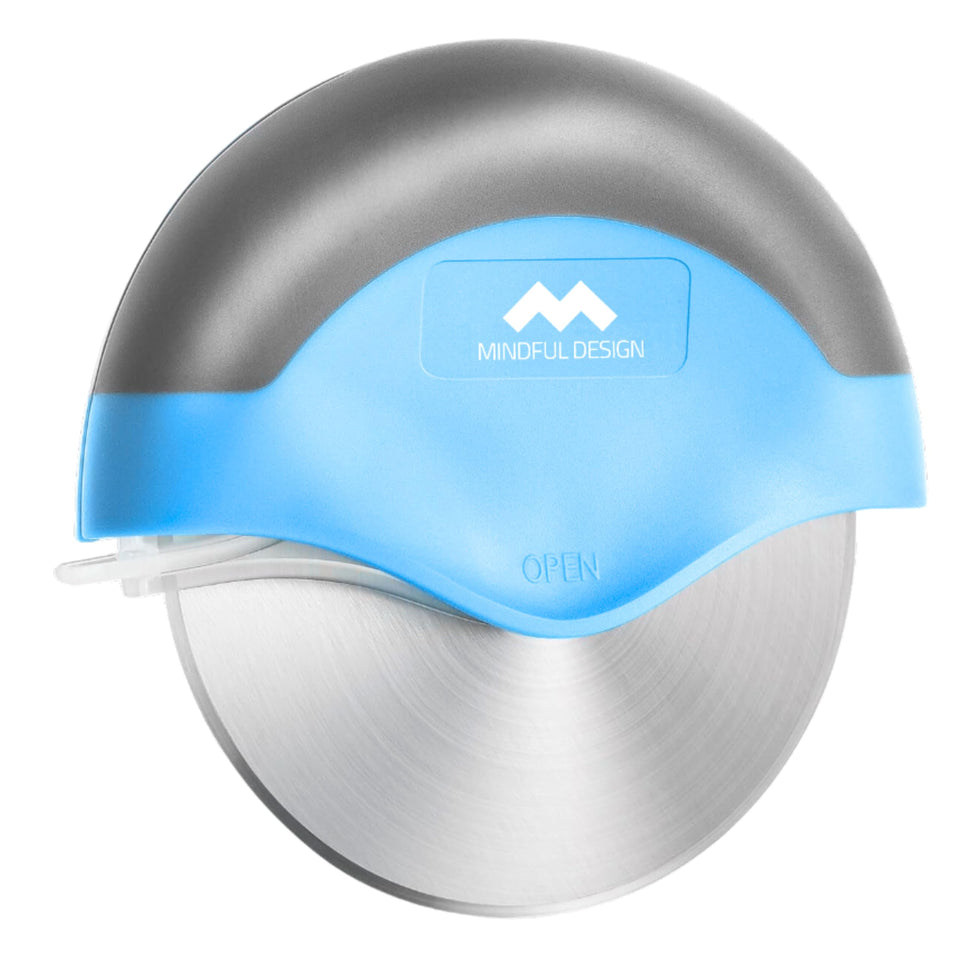 Mindful Design pizza cutter wheel in blue disassembled for thorough cleaning.