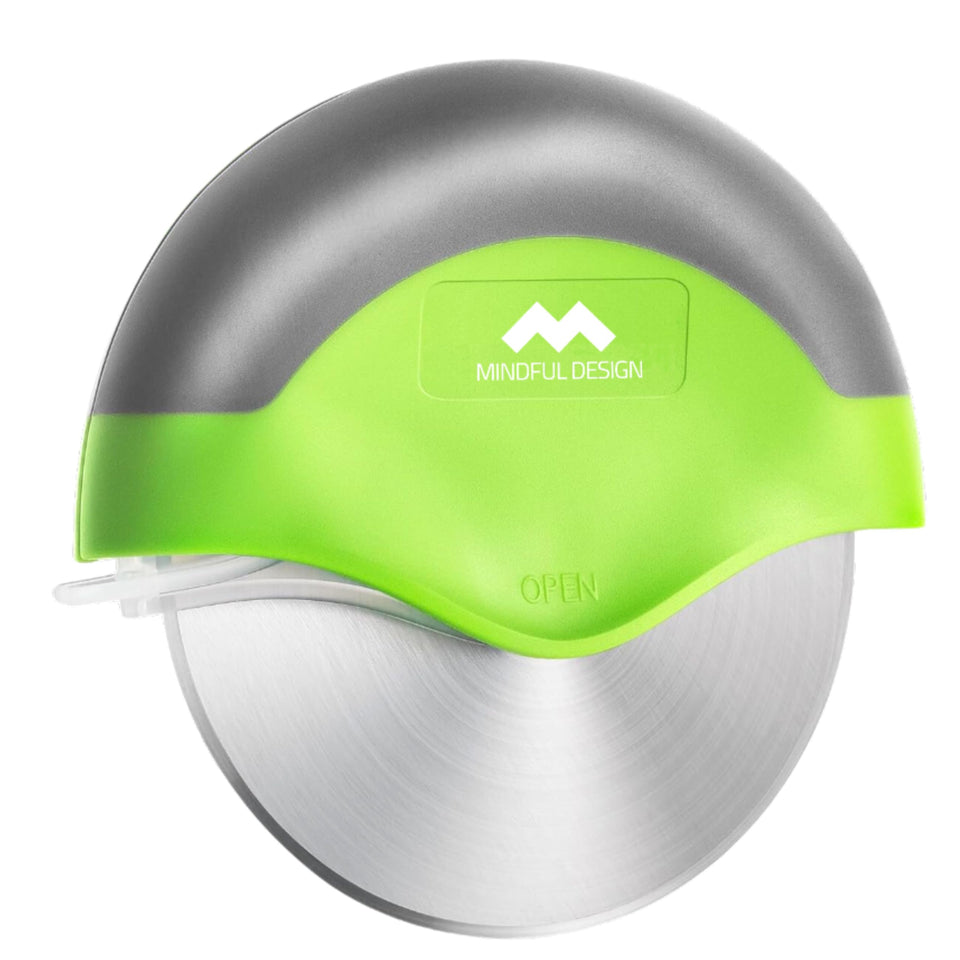 Mindful Design pizza cutter wheel with protective blade cover for safe storage.