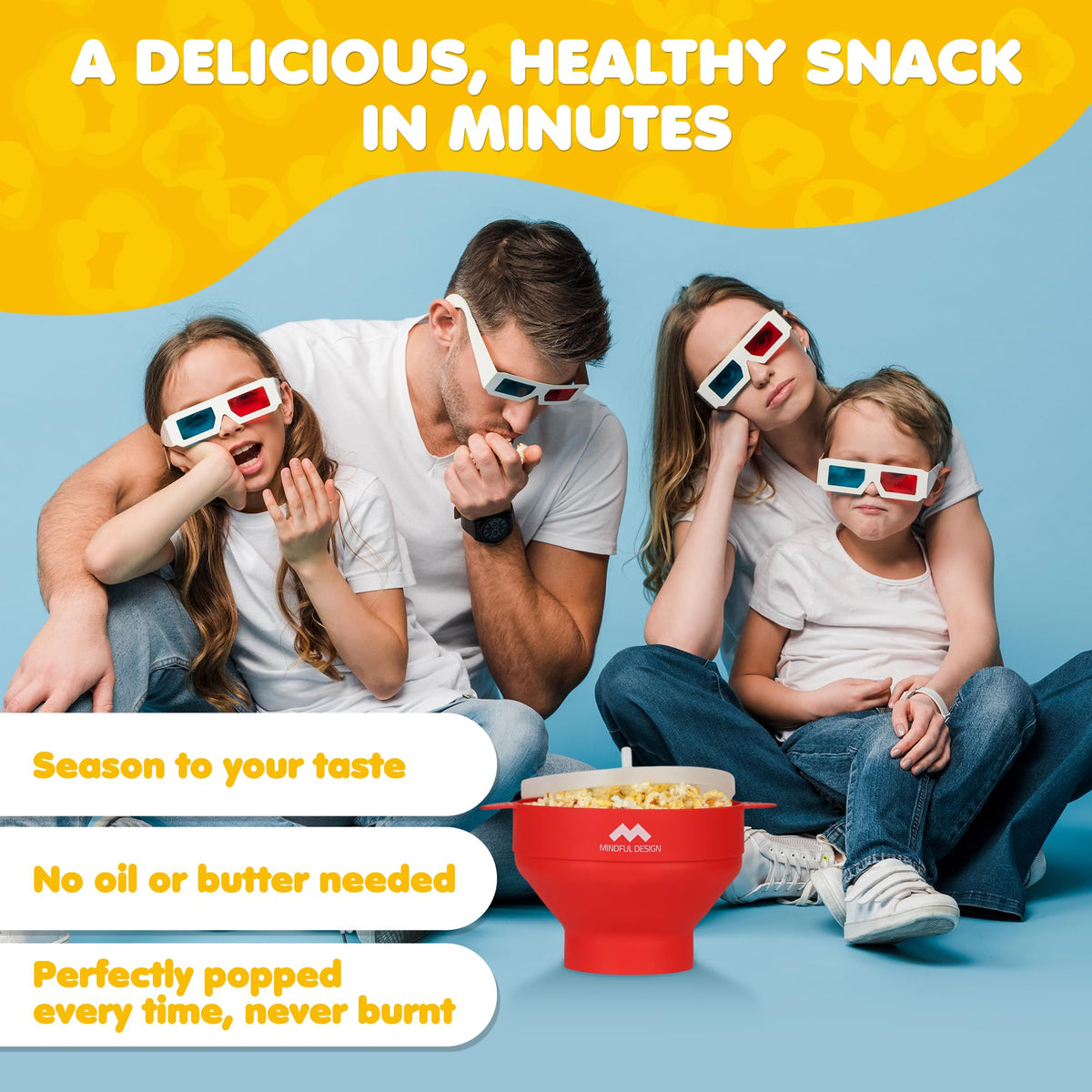 Mindful Design popcorn popper in microwave ready to pop fluffy kernels.