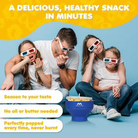 Mindful Design silicone popcorn popper shown as dishwasher-safe for easy cleanup