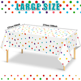 Mindsoft Rainbow Polka Dot Tablecover closeup shows vibrant pattern for celebrations.