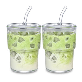 MINGHYZYA 13oz glass tumbler with lid and straw, ideal for iced coffee on the go.