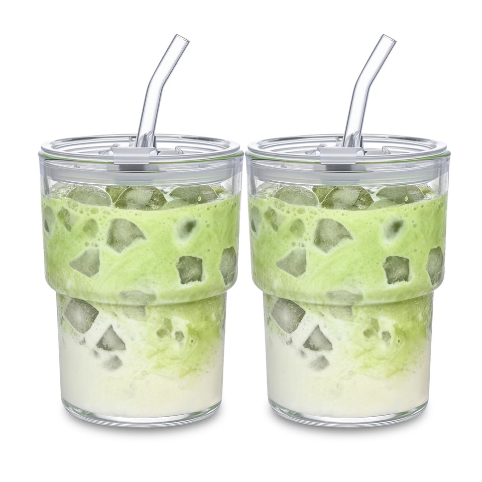 MINGHYZYA 13oz glass tumbler with lid and straw, ideal for iced coffee on the go.