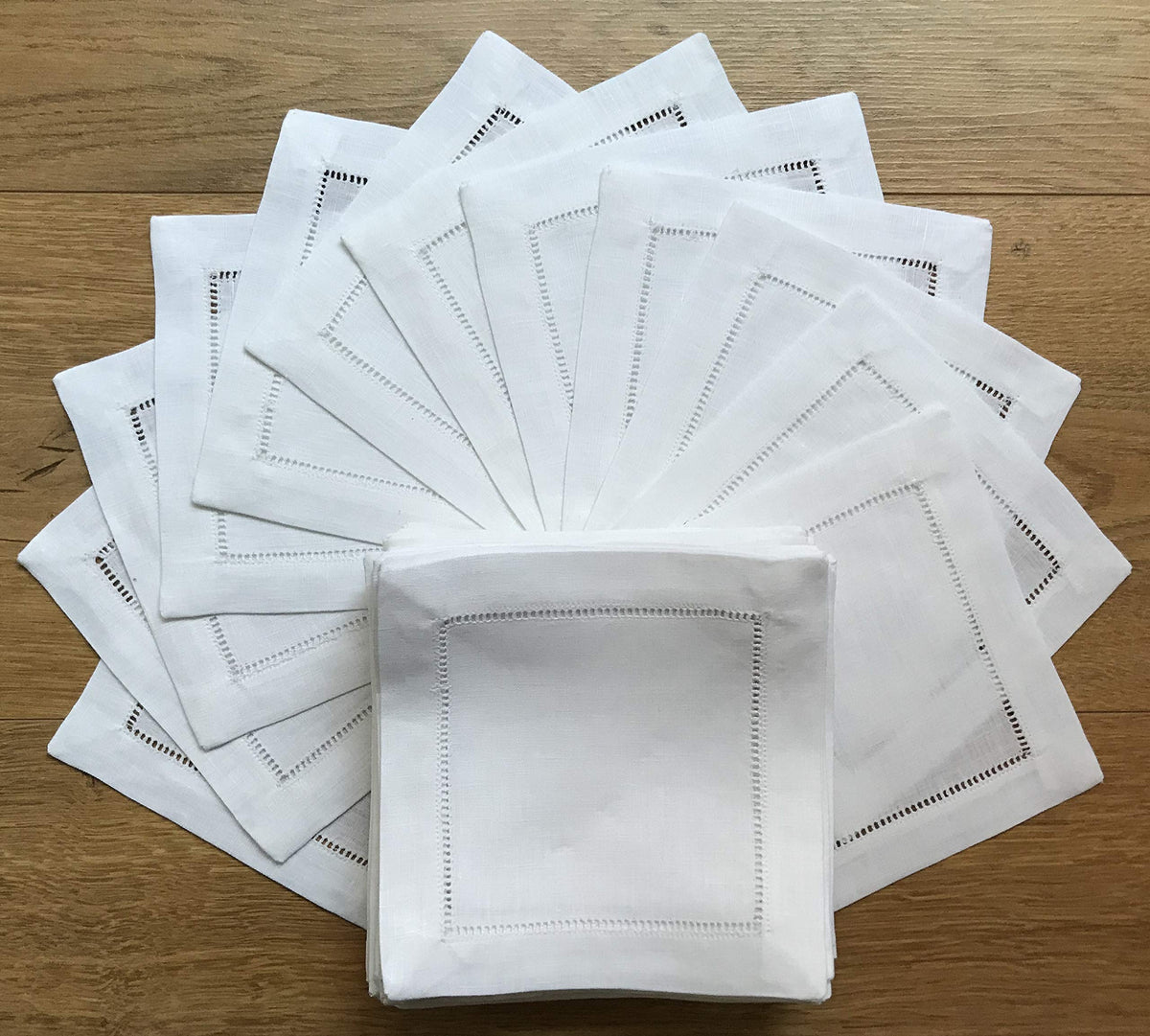 Minhcraft white linen napkin 6x6 with ladder hemstitch detail for upscale entertaining