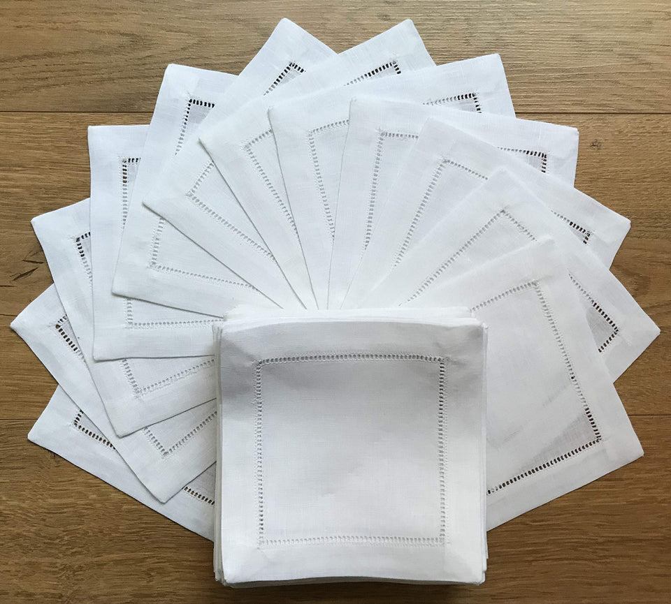 Minhcraft white linen napkin 6x6 with ladder hemstitch detail for upscale entertaining