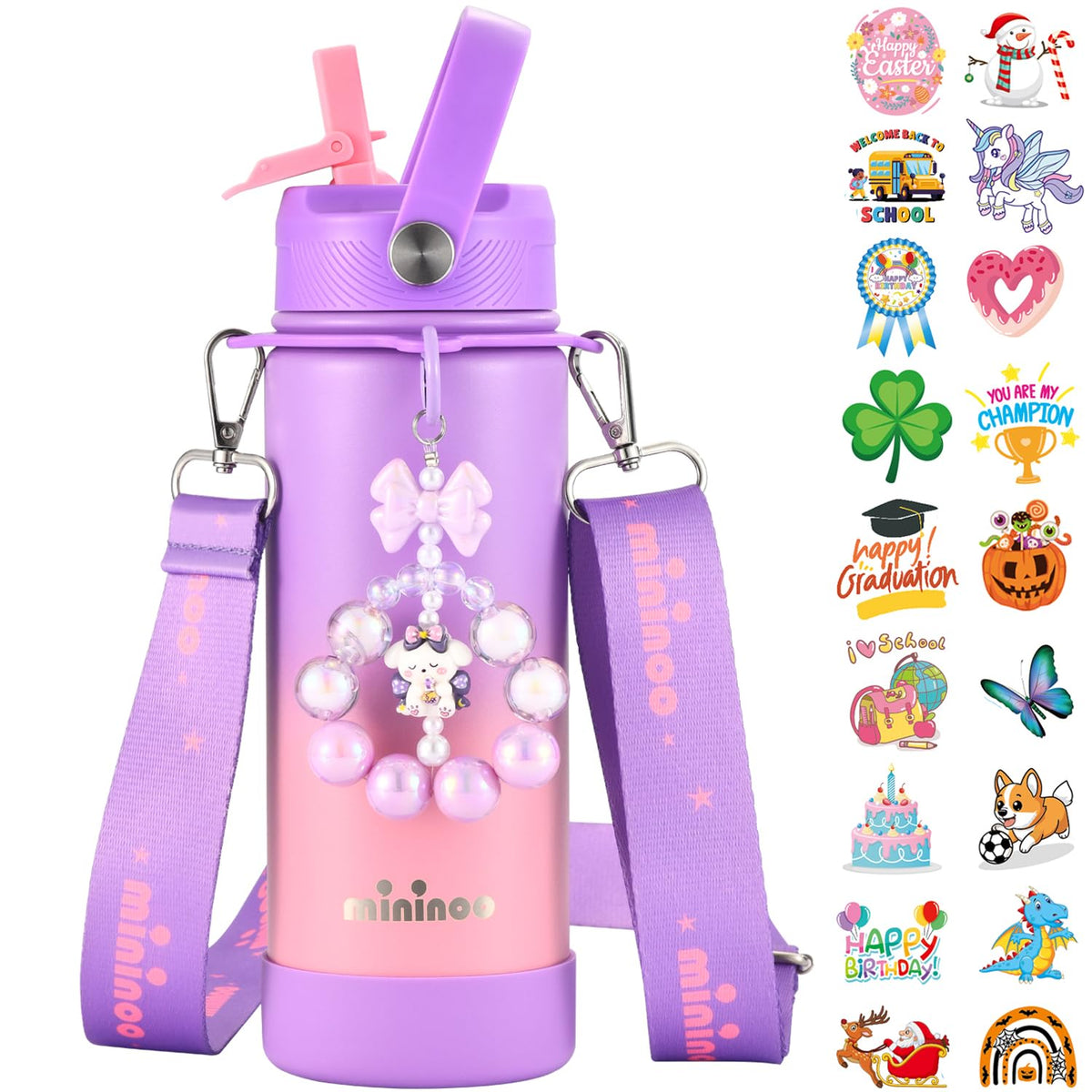 Mininoo insulated bottle with straw lid keeps drinks cold during busy days.