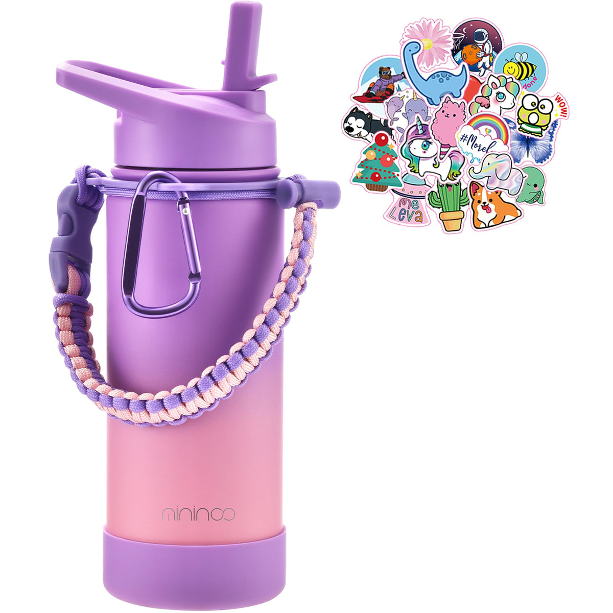 Mininoo 16oz kids bottle with straw lid keeps drinks cold and mess-free for school hydration