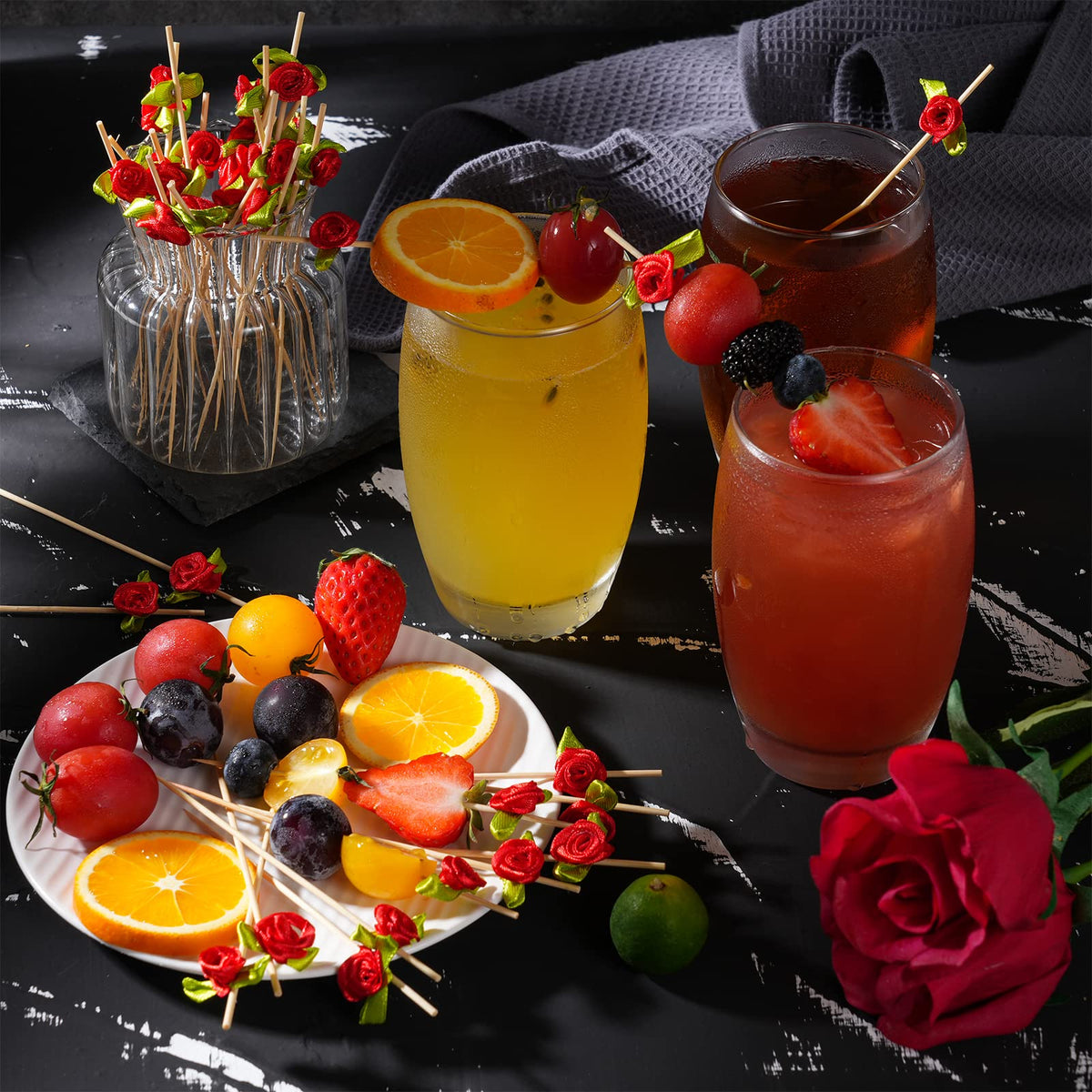 Minisland rose skewers for cocktails and hors d oeuvres