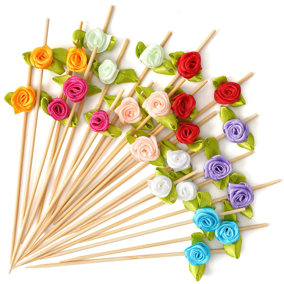 Minisland rose flower cocktail picks display vibrant multicolor garnish options.