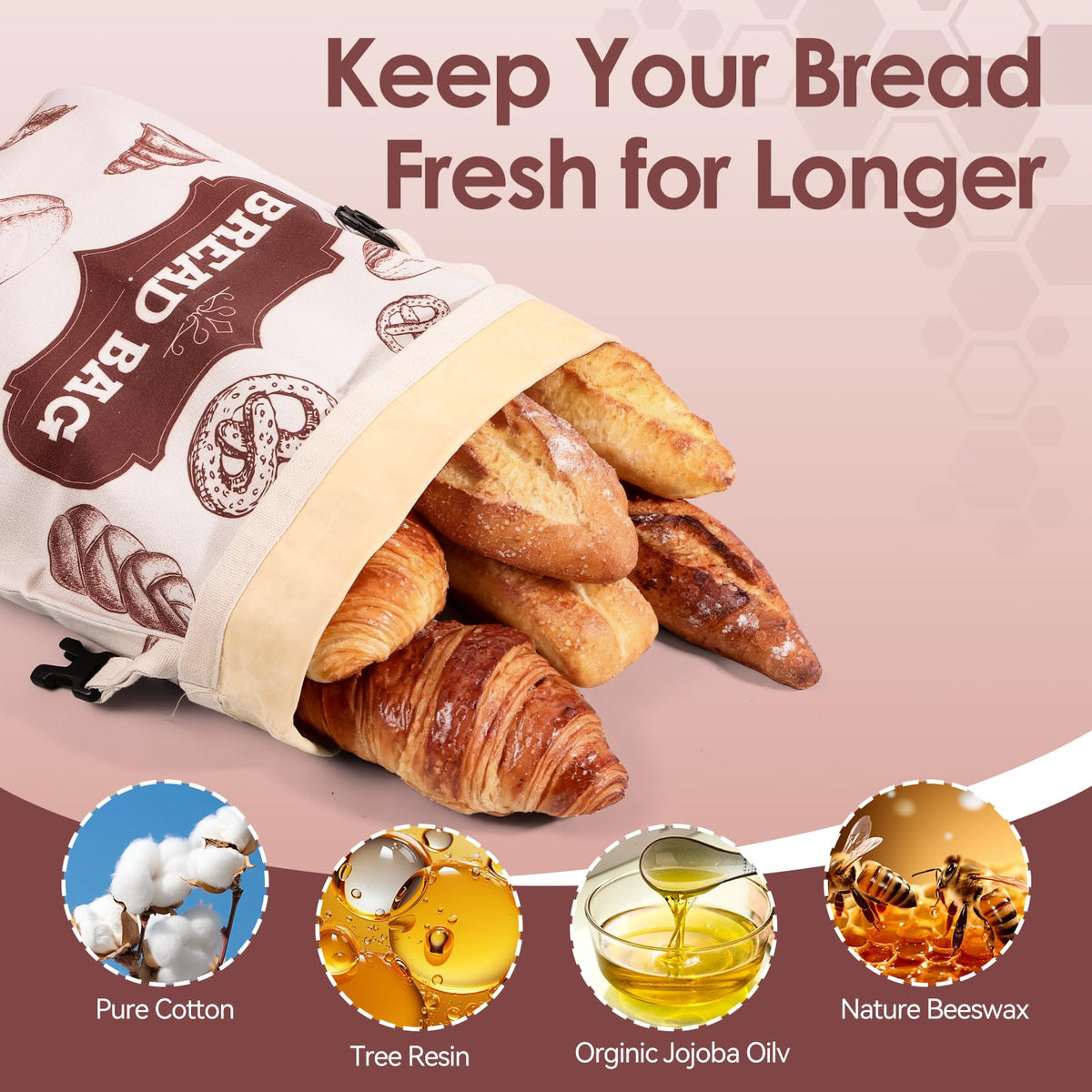MINO ANT Beeswax Bread Bags shown in breathable cotton-linen fabric for natural aroma.