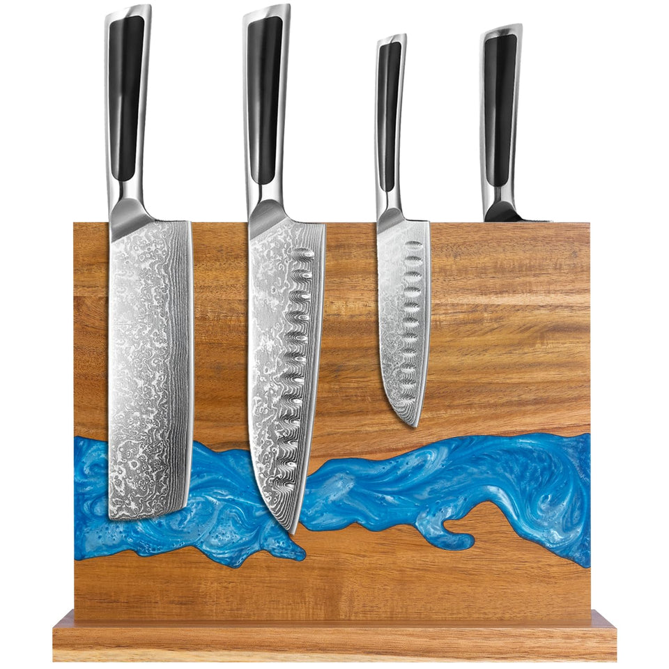 Minyuexia magnetic knife holder on acacia wood base keeps blades secure and accessible.