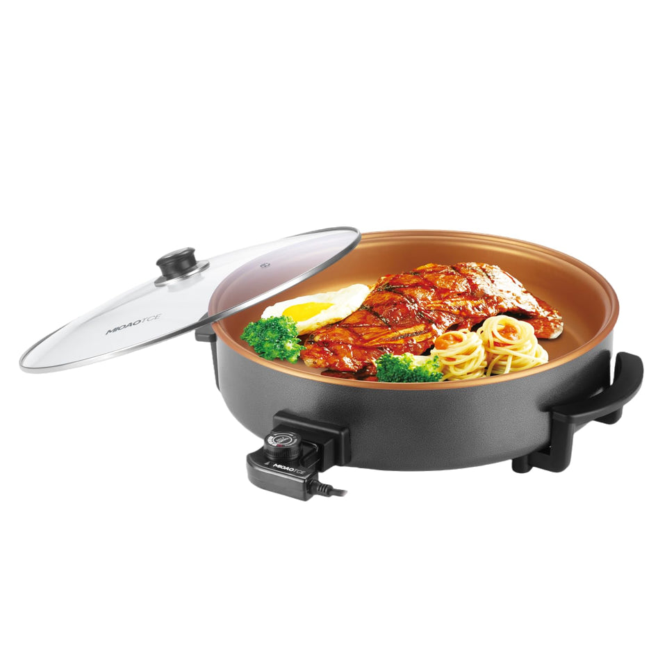MIOAOTCE 16-inch electric skillet with lid showing a large surface for family meals