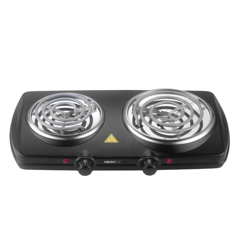 MIOAOTCE double burner hot plate with 1800W for fast heating and even cooking.