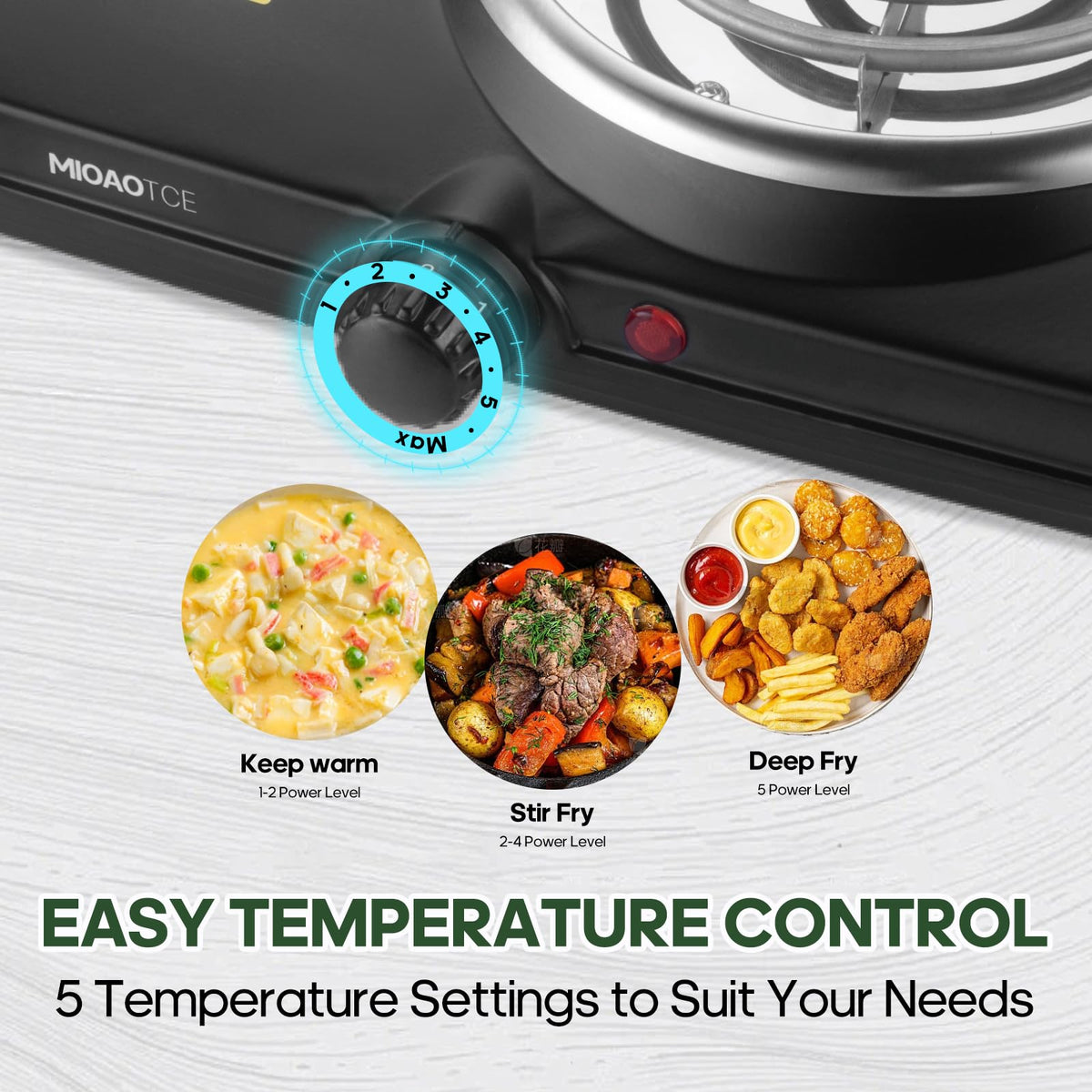 MIOAOTCE hot plate shown with stable anti slip feet.