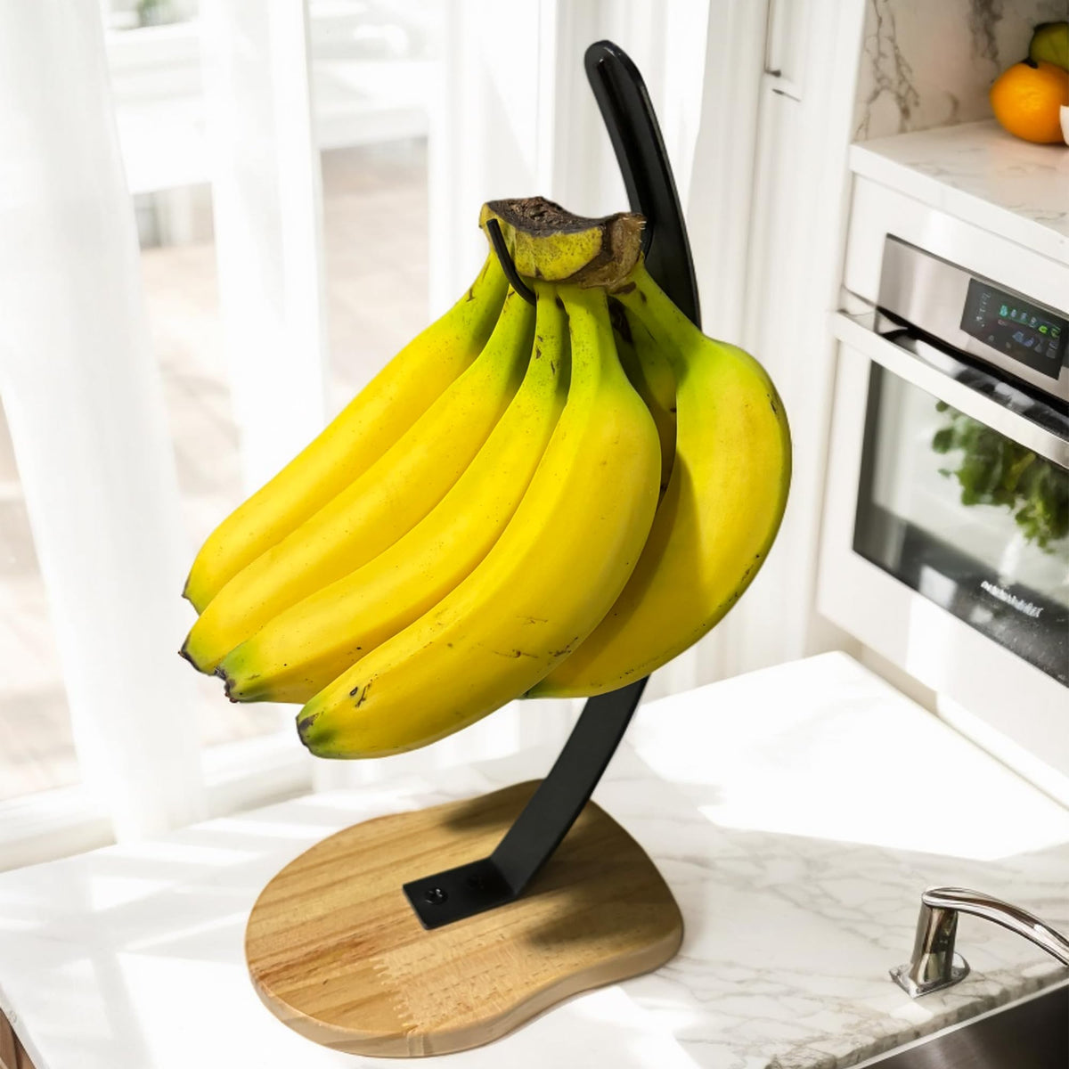 MIOIO premium banana holder stand with wooden base for organized countertop display and easy access.