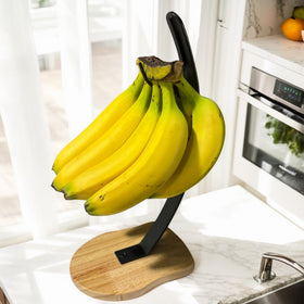 MIOIO premium banana holder stand with wooden base for organized countertop display and easy access.