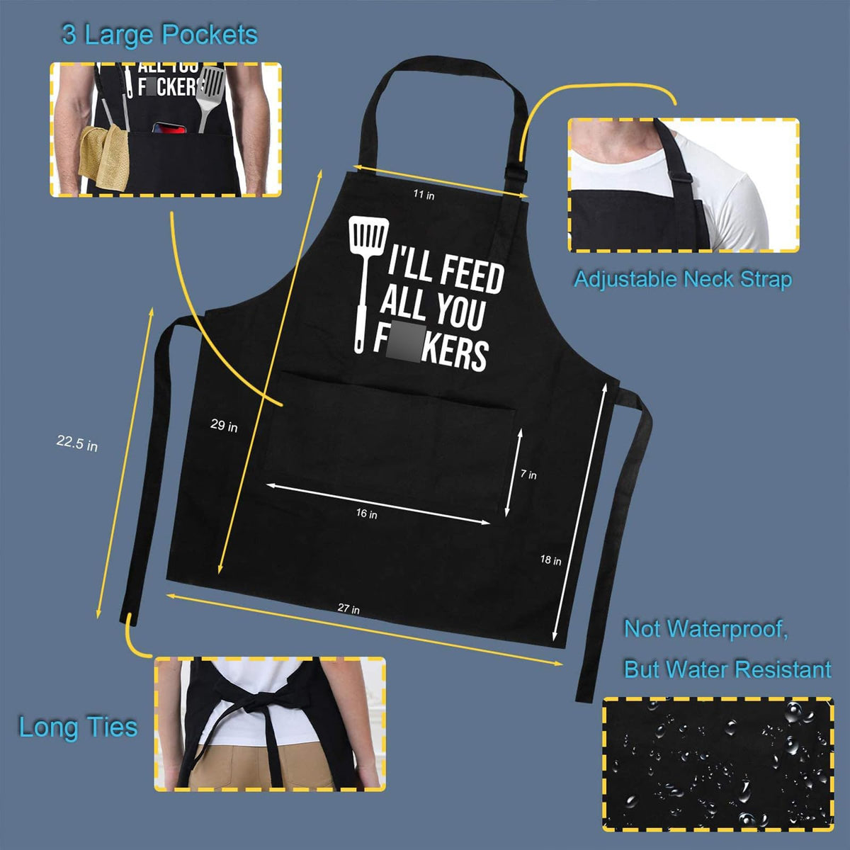Miracu funny cooking apron pockets closeup with three deep pockets.