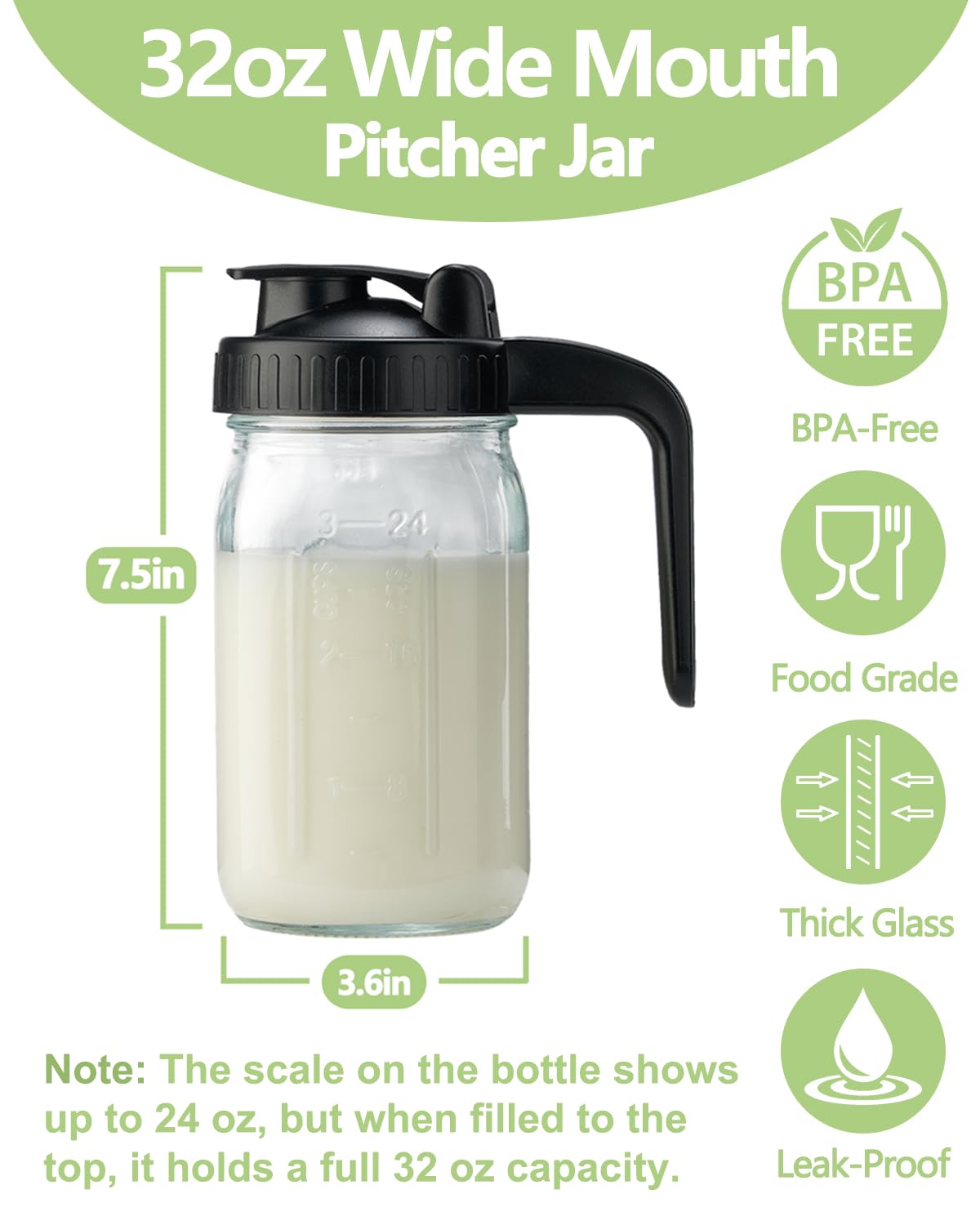 Miradexic 32oz glass pitcher with ergonomic lid-handle for comfortable operation